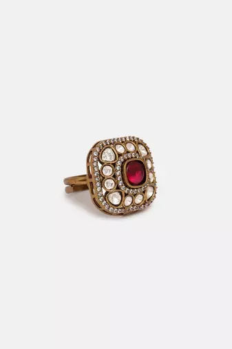 Gold plated kundan red stone ring