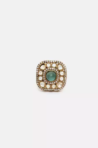 Gold plated kundan green stone ring