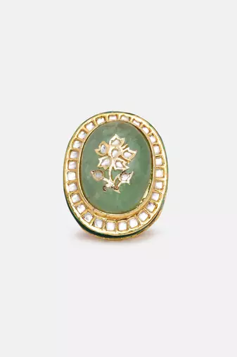 Gold plated kundan green stone ring