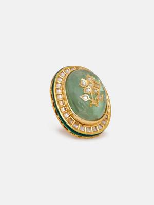 Gold plated kundan green stone ring 4