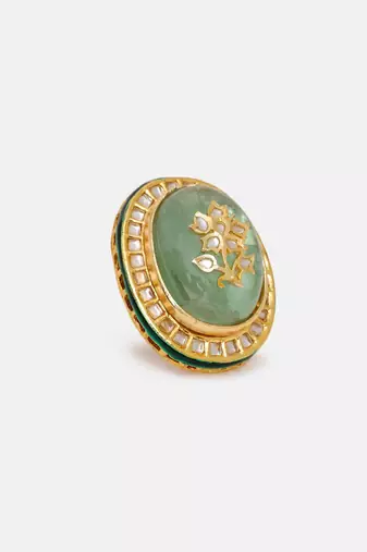Gold plated kundan green stone ring
