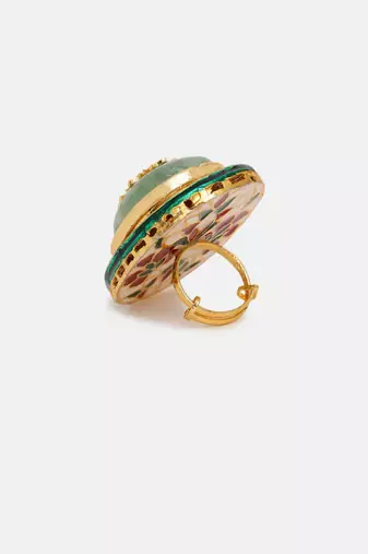 Gold plated kundan green stone ring