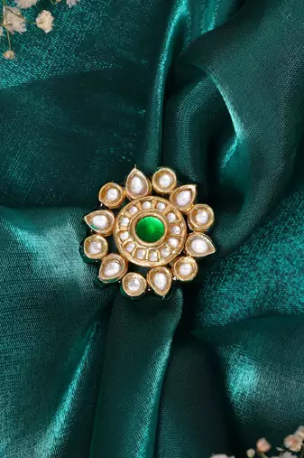 Gold plated kundan green stone ring