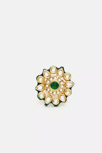 Gold plated kundan green stone ring