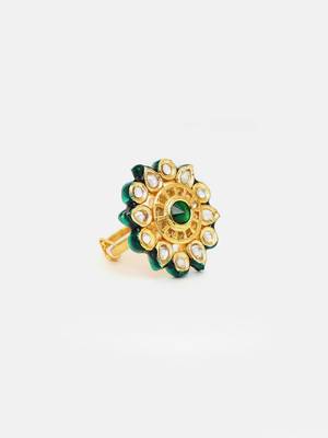 Gold plated kundan green stone ring 4