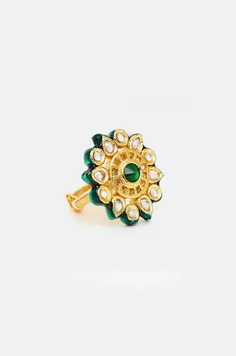 Gold plated kundan green stone ring