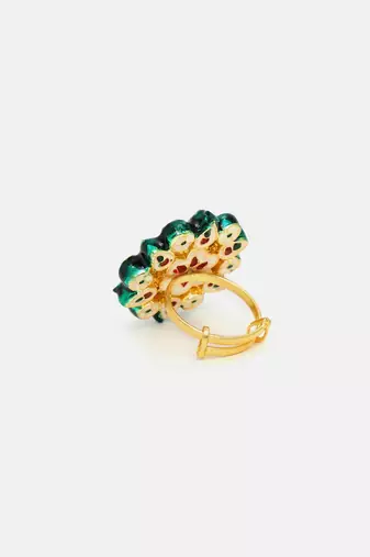 Gold plated kundan green stone ring