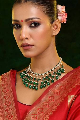 Gold plated kundan green stone necklace