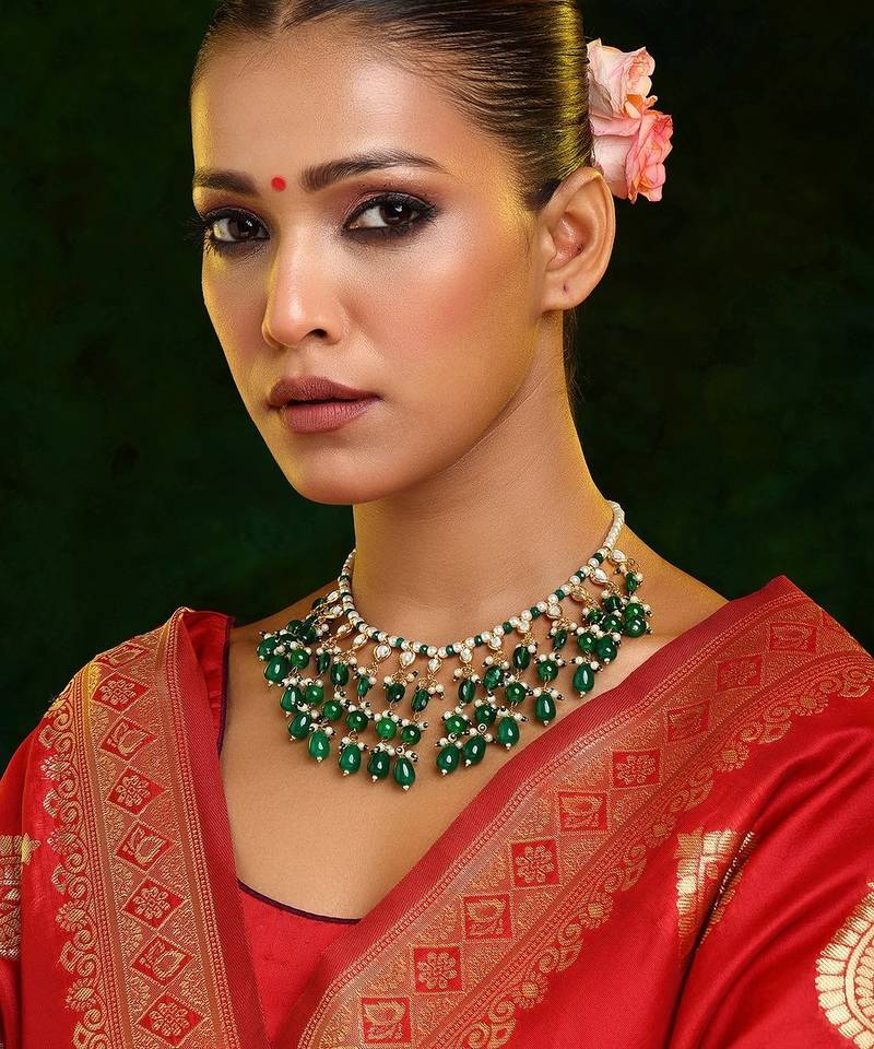 Gold plated kundan green stone necklace