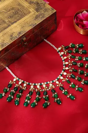 Gold plated kundan green stone necklace