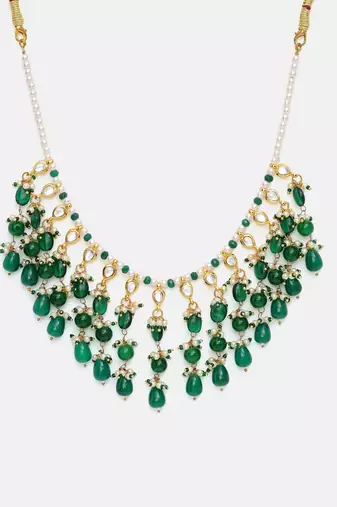 Gold plated kundan green stone necklace