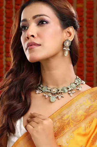 Gold plated kundan green stone Necklace Set