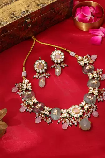 Gold plated kundan green stone Necklace Set