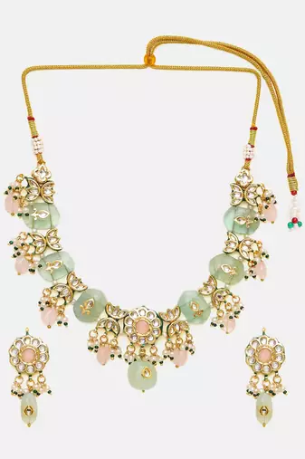 Gold plated kundan green stone Necklace Set