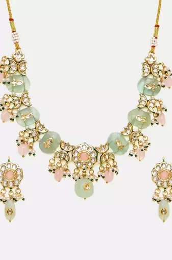 Gold plated kundan green stone Necklace Set
