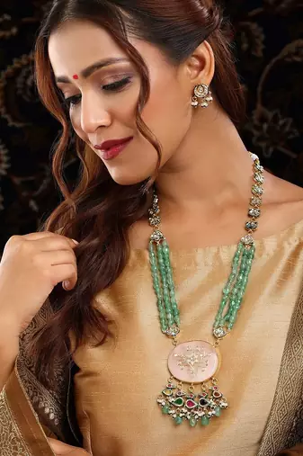 Gold plated kundan green stone Long Necklace Set