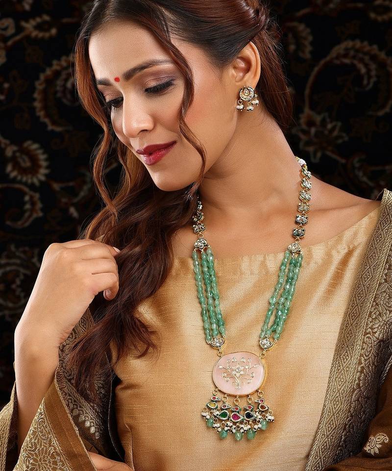 Gold plated kundan green stone Long Necklace Set