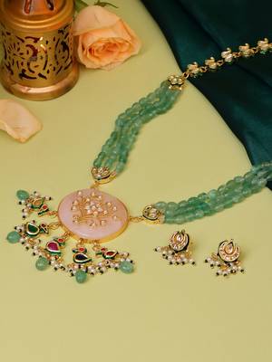 Gold plated kundan green stone Long Necklace Set 2