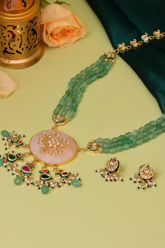 Gold plated kundan green stone Long Necklace Set