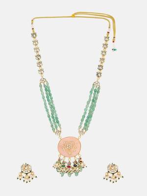 Gold plated kundan green stone Long Necklace Set 3