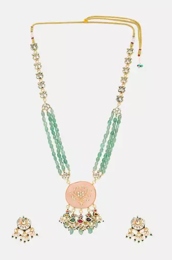 Gold plated kundan green stone Long Necklace Set