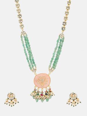 Gold plated kundan green stone Long Necklace Set 4