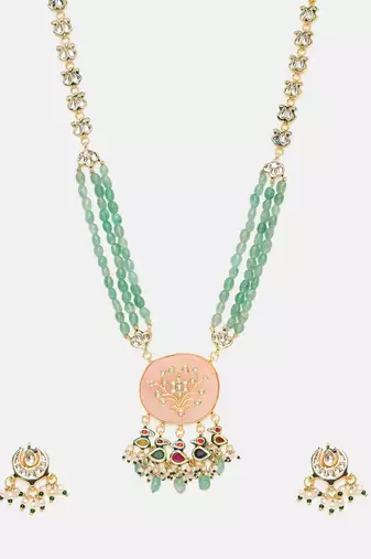 Gold plated kundan green stone Long Necklace Set