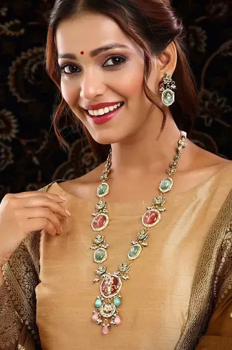 Gold plated kundan multicolor Stone Long Necklace Set