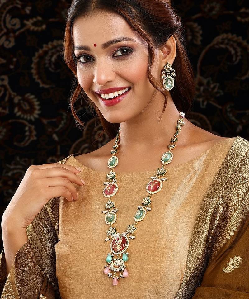 Gold plated kundan multicolor Stone Long Necklace Set