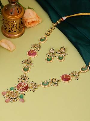 Gold plated kundan multicolor Stone Long Necklace Set 2