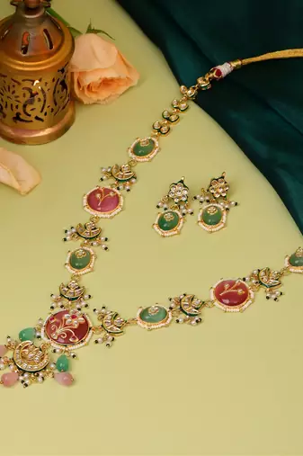 Gold plated kundan multicolor Stone Long Necklace Set