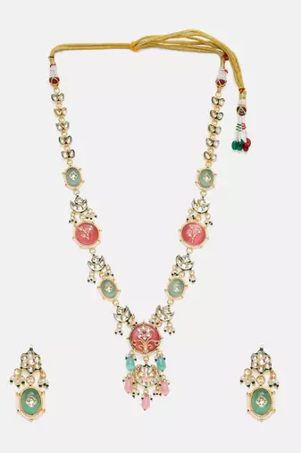 Gold plated kundan multicolor Stone Long Necklace Set