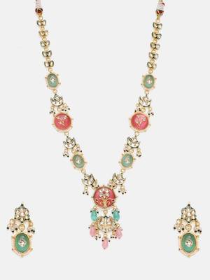 Gold plated kundan multicolor Stone Long Necklace Set 4