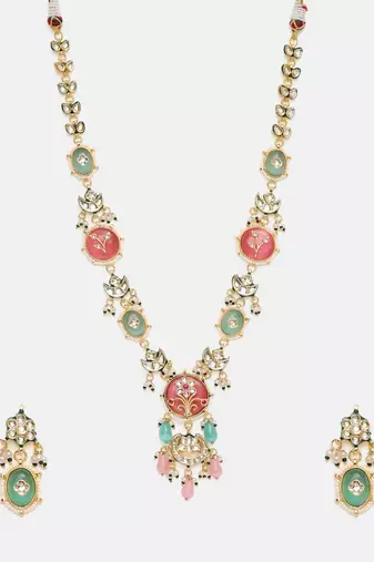 Gold plated kundan multicolor Stone Long Necklace Set