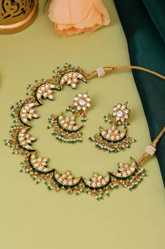Gold plated kundan green stone Necklace Set