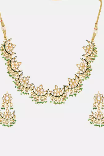 Gold plated kundan green stone Necklace Set