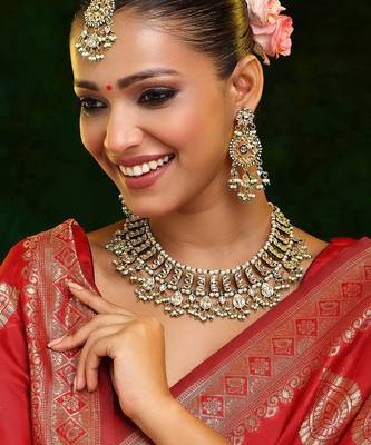 Gold plated kundan green stone Necklace Set 1