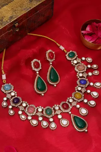 Gold plated kundan multicolor Stone Necklace Set