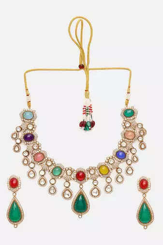 Gold plated kundan multicolor Stone Necklace Set