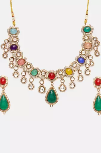 Gold plated kundan multicolor Stone Necklace Set