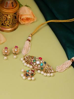 Gold plated kundan multicolor Stone Choker Necklace set 2