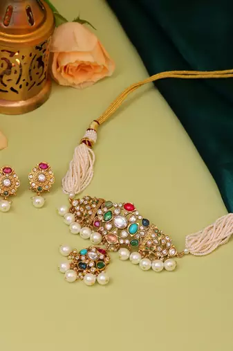 Gold plated kundan multicolor Stone Choker Necklace set