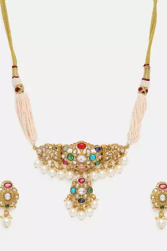 Gold plated kundan multicolor Stone Choker Necklace set