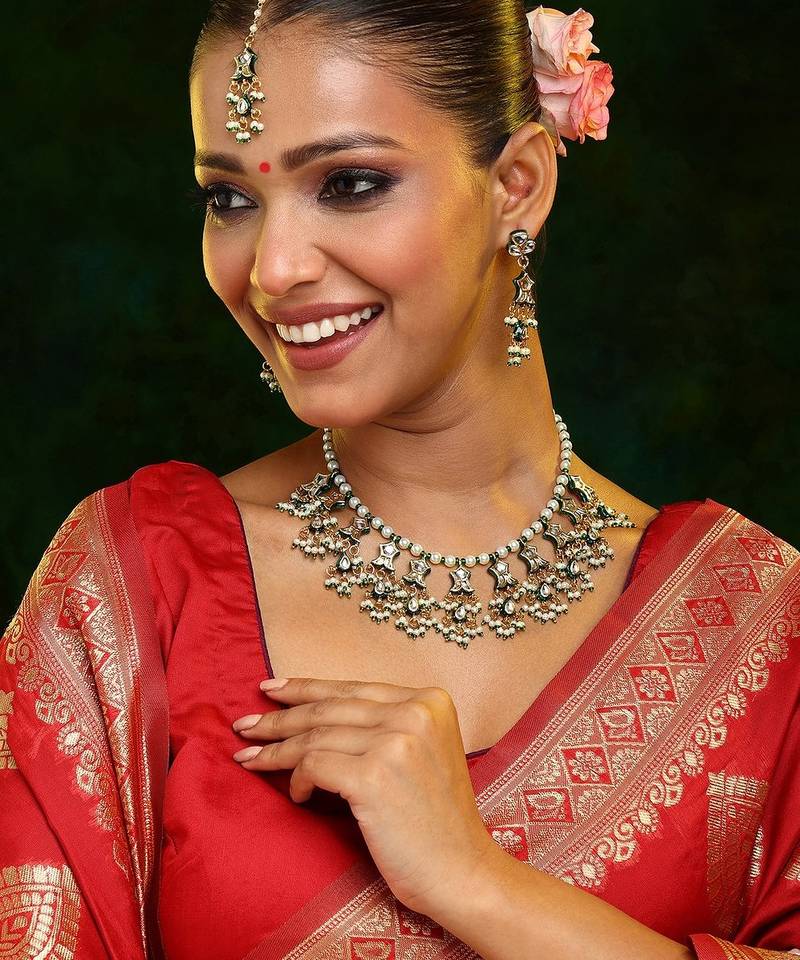 Gold plated kundan green stone Necklace Set