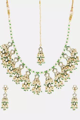 Gold plated kundan green stone Necklace Set
