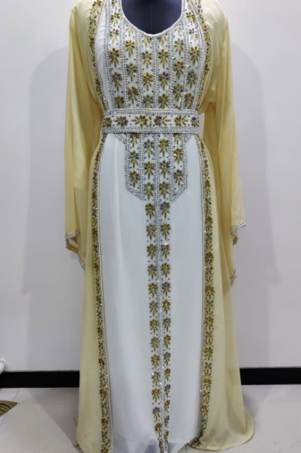Royal Golden Embroidered Georgette Stitched Kaftan with Handwork Detailing Moroccan Style Dress