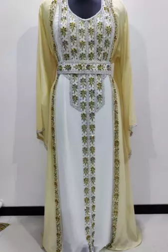 Royal Golden Embroidered Georgette Stitched Kaftan with Handwork Detailing Moroccan Style Dress