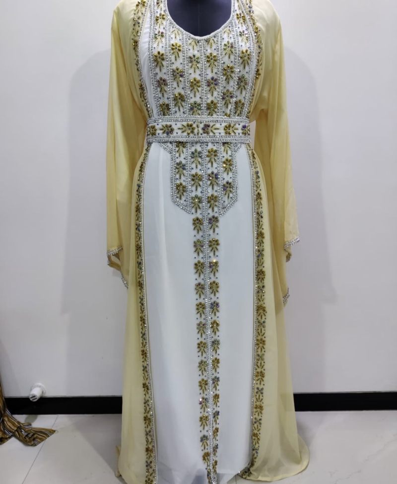 Royal Golden Embroidered Georgette Stitched Kaftan with Handwork Detailing Moroccan Style Dress