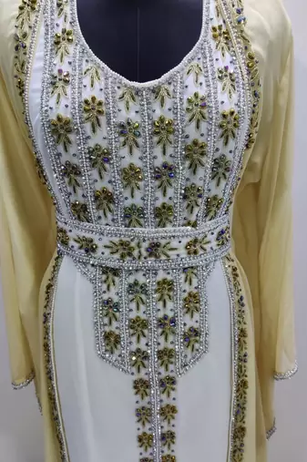 Royal Golden Embroidered Georgette Stitched Kaftan with Handwork Detailing Moroccan Style Dress