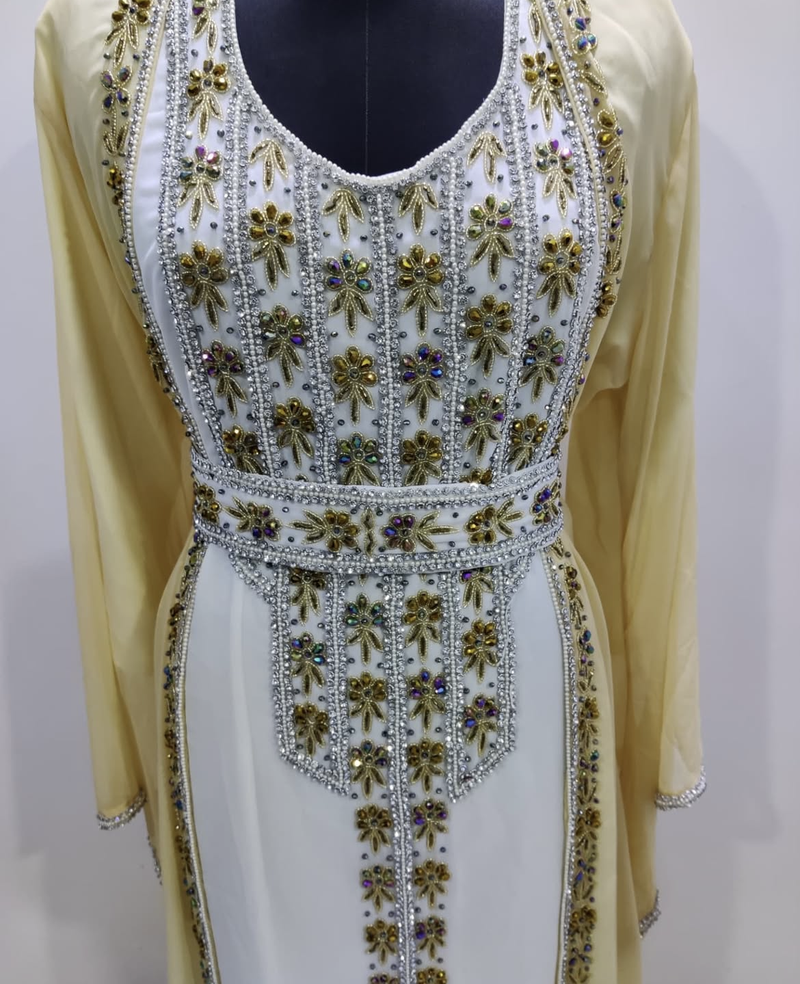 Royal Golden Embroidered Georgette Stitched Kaftan with Handwork Detailing Moroccan Style Dress